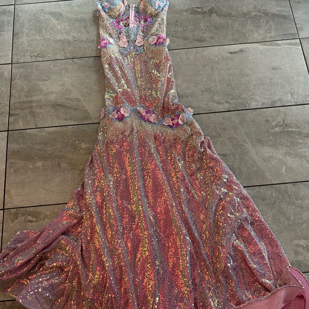 Portia and Scarlett pink Floral Gown style 24250 sequin gown - Picture 6 of 8